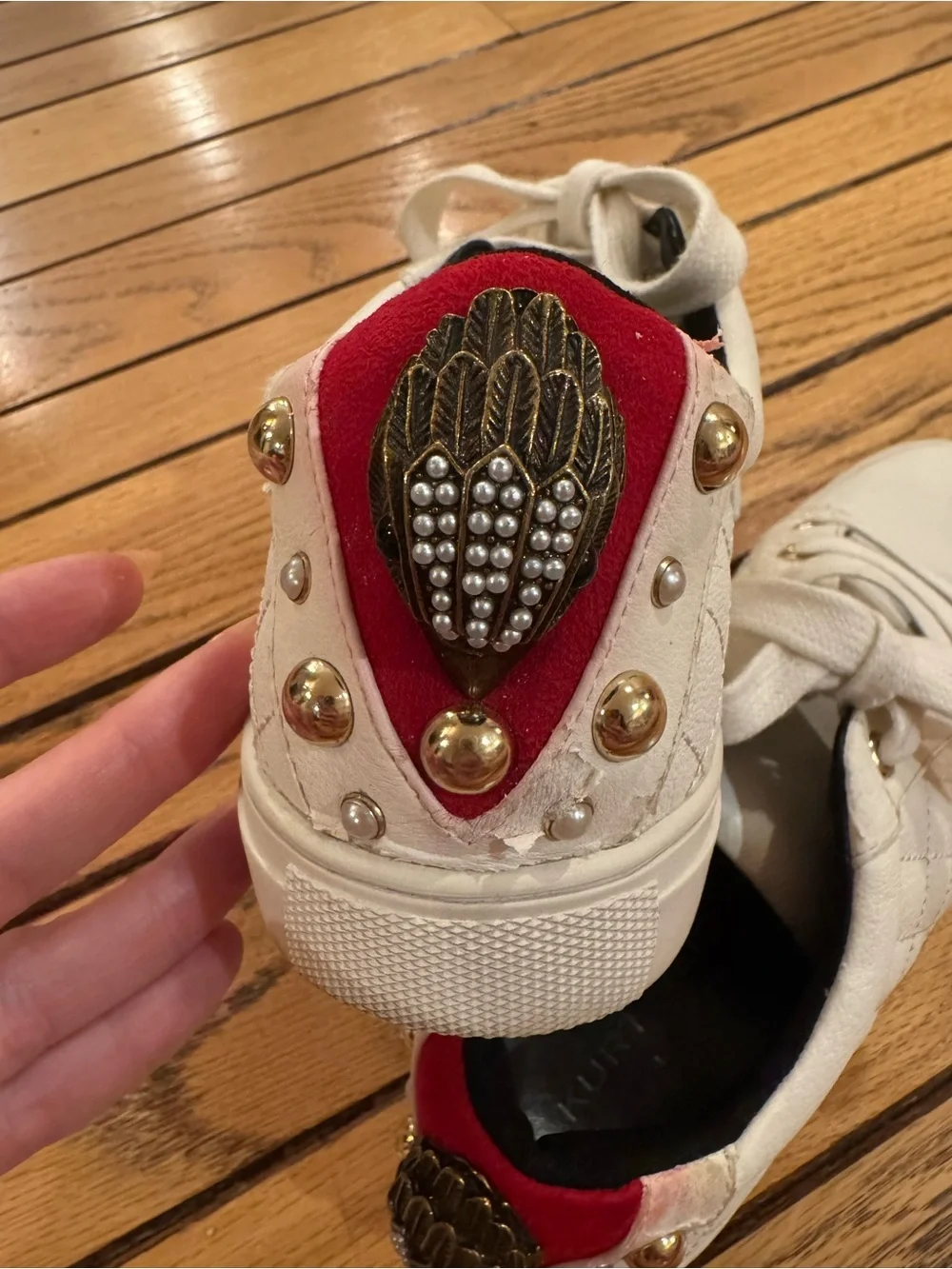Kurt Geiger Quilted White Lace-Up Sneakers with Red Heel Tab